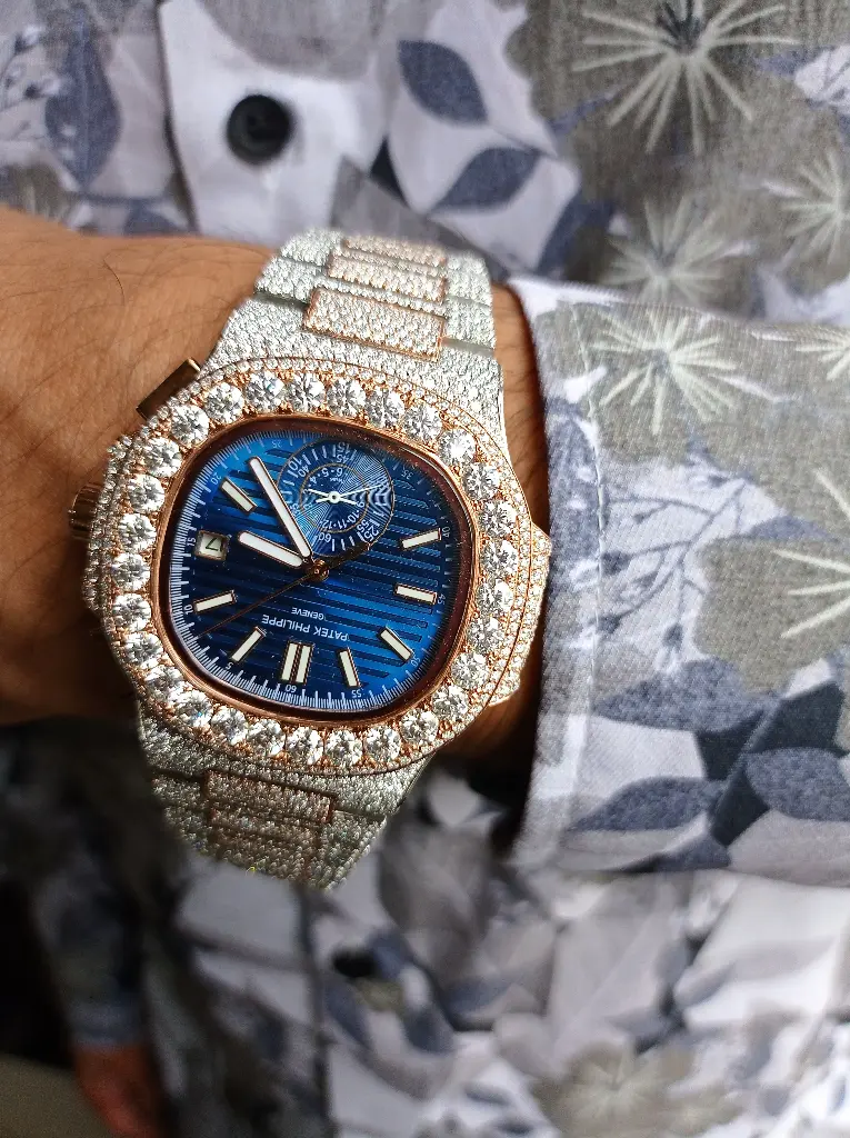 Patek Phillipe Geneve Full Iced out with Blue dial Rose gold tone Moissanite Automatic Watch