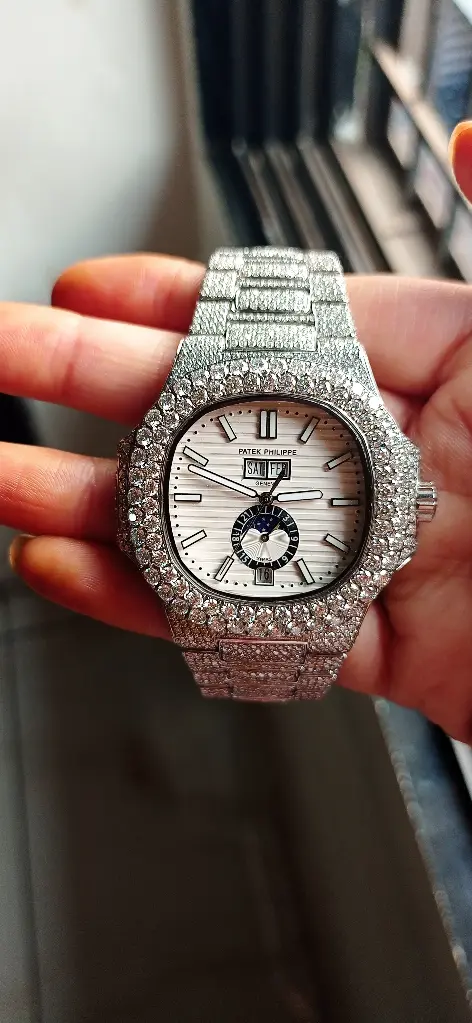 Patek Phillipe Geneve Day-Month Swiss Movement Full Iced out with White dial White Diamond Moissanite Automatic Watch