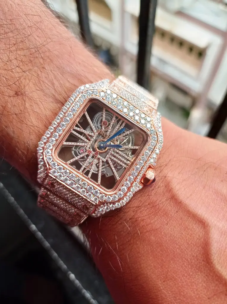 Cartier Skeleton Rose tone full iced out Automatic Moissanite watch