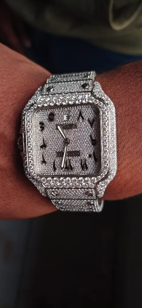 Cartier Santos Full White iced out Automatic Moissanite Arabic dial customized watch