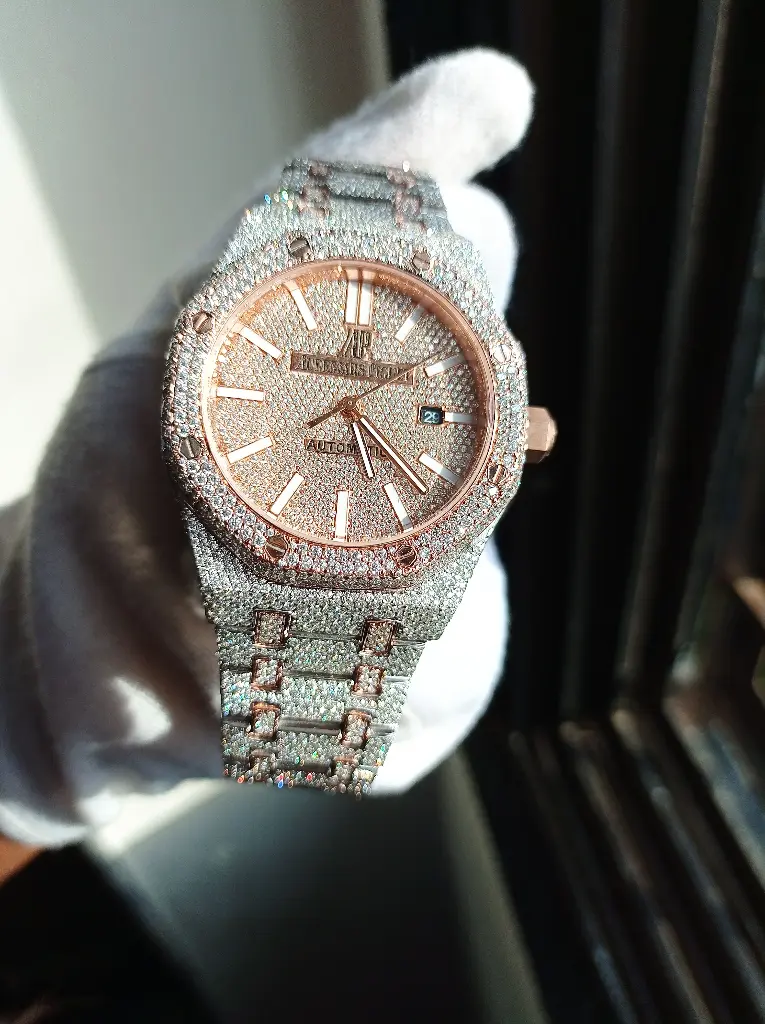 AP Full Iced out Automatic Rose Gold tone Moissanite Diamond watch