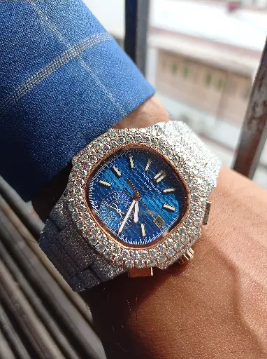 Patek Phillipe Geneve Full Iced out with Blue dial White Diamond Moissanite Automatic Watch