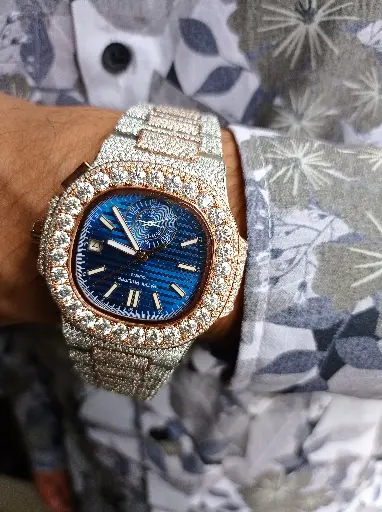 Patek Phillipe Geneve Full Iced out with Blue dial Rose gold tone Moissanite Automatic Watch