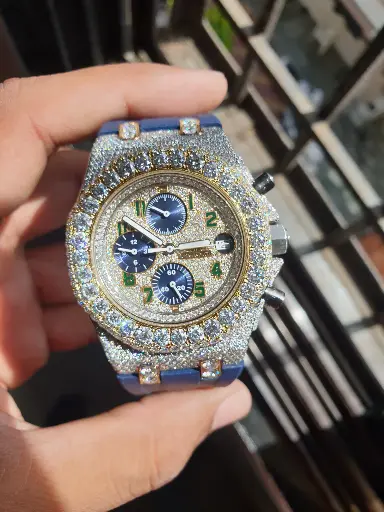 AP Full Iced Out dial with Blue Rubber Belt Watch