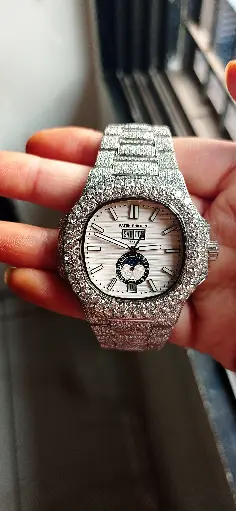 Patek Phillipe Geneve Day-Month Swiss Movement Full Iced out with White dial White Diamond Moissanite Automatic Watch