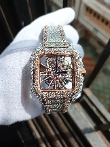 Cartier Skeleton Two tone full iced out Automatic Moissanite watch