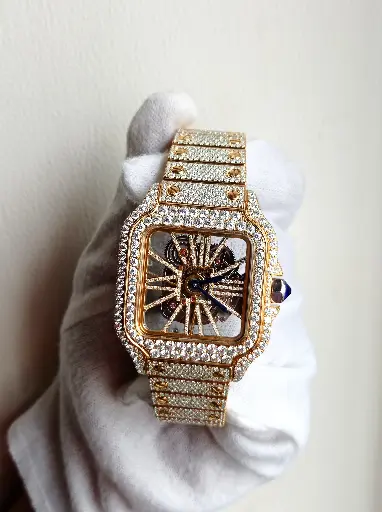 Cartier Skeleton Yellow tone full iced out Automatic Moissanite watch