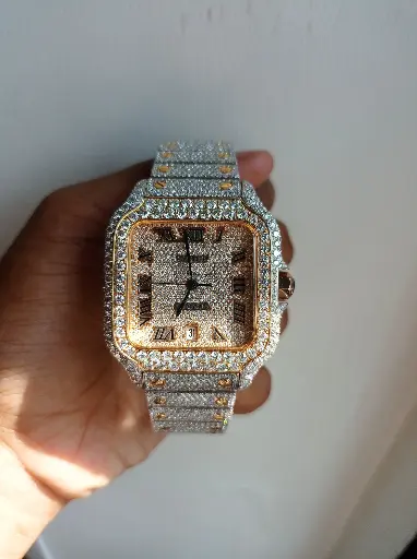Cartier Santos Yellow tone full white iced out Automatic Roman dial watch