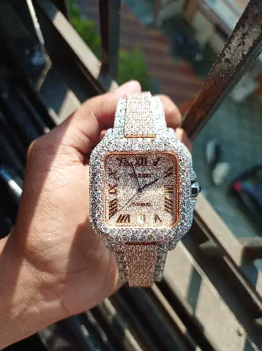 Cartier Santos White-Rose tone full iced out Automatic Roman dial Customized watch