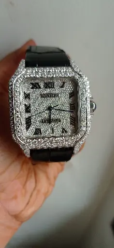 Cartier Santos Full White iced out dial Automatic with Black lather belt watch