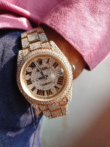 Rolex Fully Iced out Datejust Automatic Watch with customized 2 tone Roman dial and belt